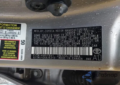 2014 Toyota Corolla Le из США, поврежденный, VIN 2T1BURHE2EC104746